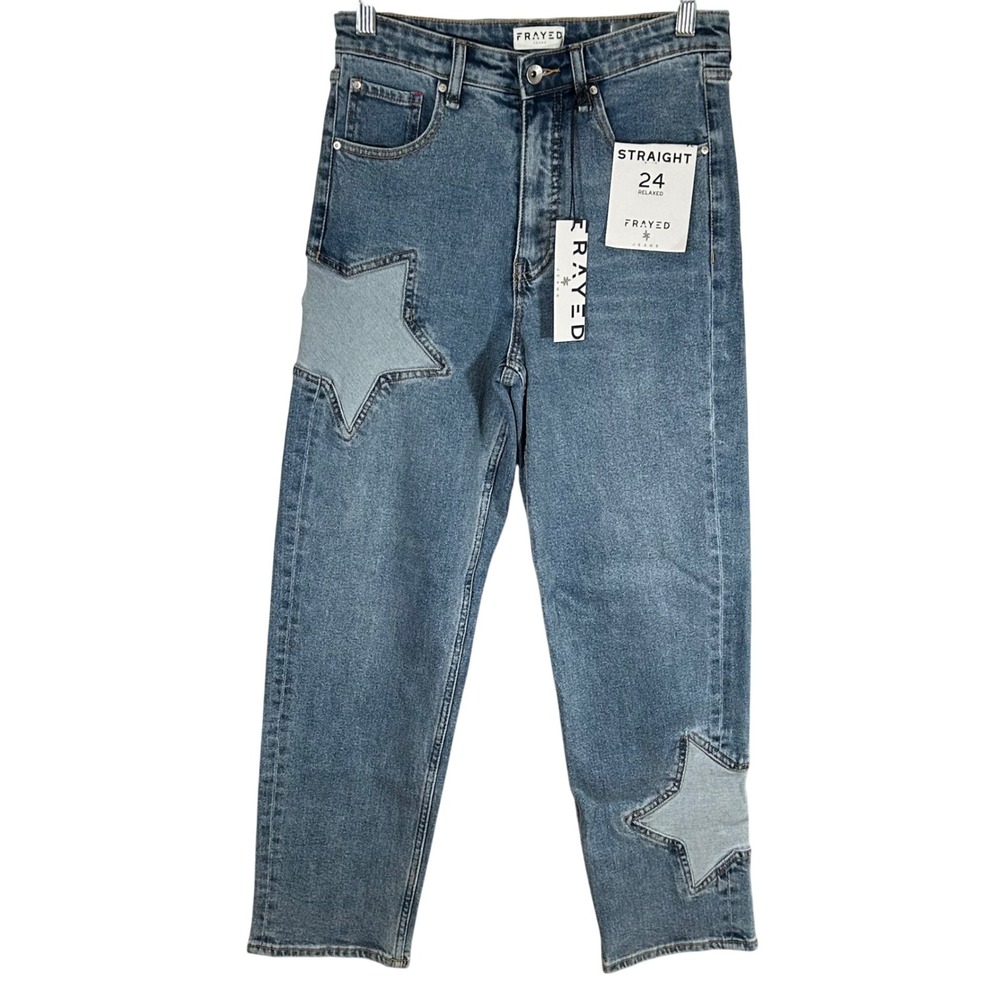 Frayed Jeans Womens 24 Relaxed Straight Leg Star Patchwork Denim Blue New